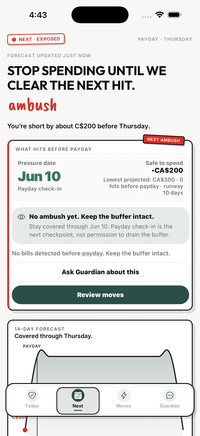 Shelter Next tab showing upcoming bills and cash flow