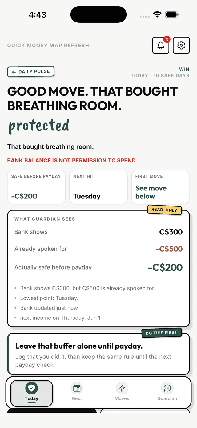 Shelter home screen showing your real safe-to-spend number
