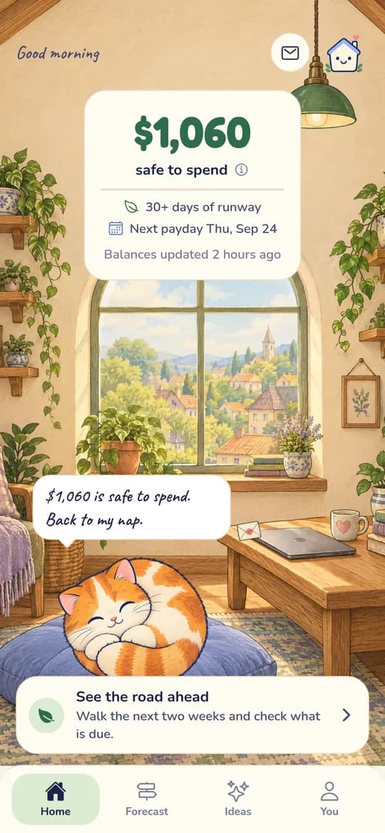 Shelter Home: $1,060 safe to spend, with the cat asleep in the cottage room